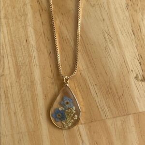 Gold Teardrop Pendant Necklace with acrylic charm with blue flower inside NWT